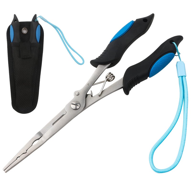 mouhike Fishing Pliers Long Nose Stainless Steel Fish Hook Remover Braid Cutters Split Ring Fish Pliers with Lanyard Fish Holder Ice Fly Fishing Gear Freshwater Saltwater Fishermen Gift (8.8inch.) - Image 1